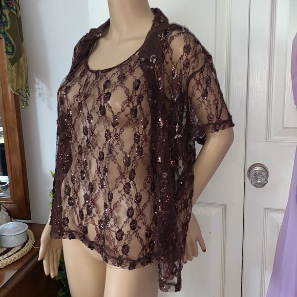 Brown lace sequin beaded button down shirt & Tank top 2 piece Set L - Picture 2 of 12